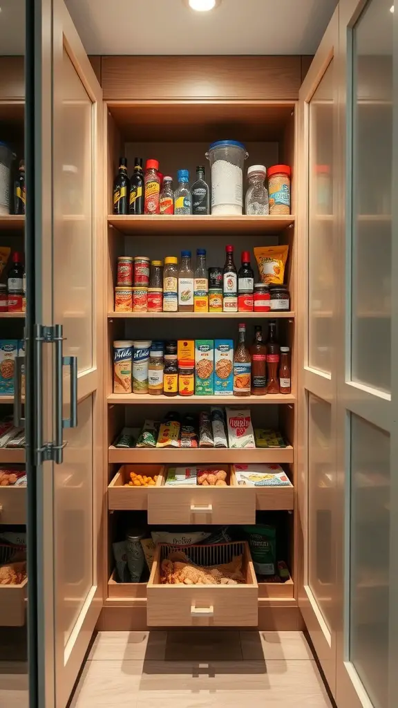 A well-organized walk-in pantry featuring shelves with spices and condiments, and pull-out drawers filled with snacks and essentials.