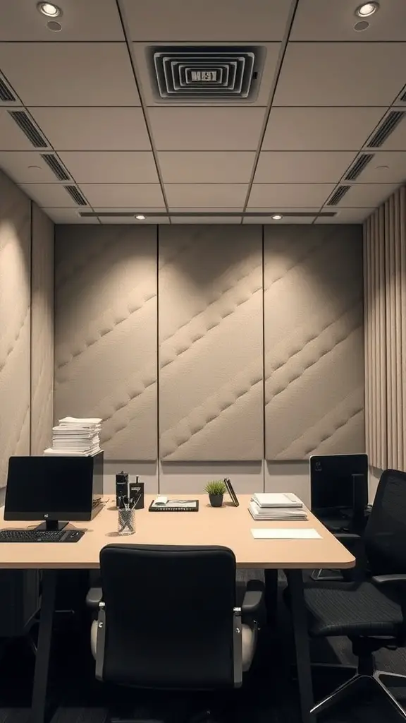 A small office space featuring soundproofing elements like padded wall panels and modern furniture.