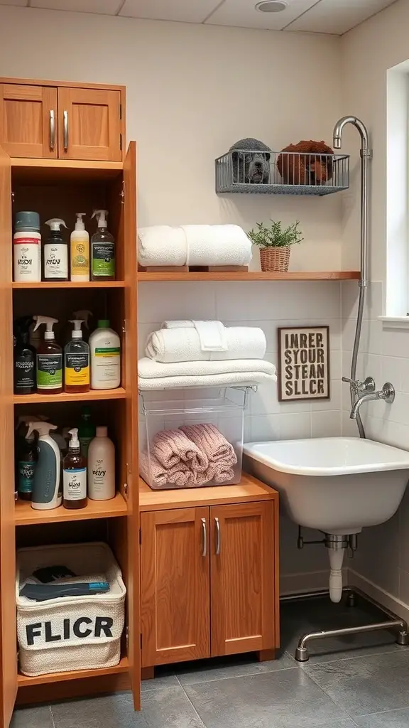 21+ Essential Items for a Perfect Dog Washing Station 12 A well-organized dog washing station featuring a wooden cabinet with grooming supplies, towels, and a sink.