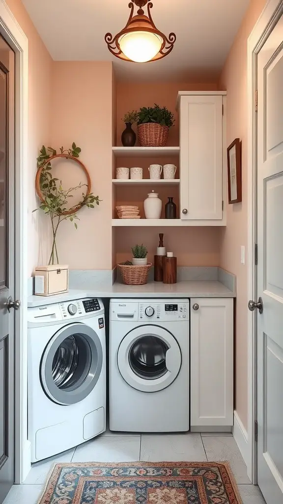 15+ Clever Hallway Laundry Closet Ideas for Small Spaces 4 A stylish hallway laundry closet featuring modern appliances, open shelving, and decorative elements.
