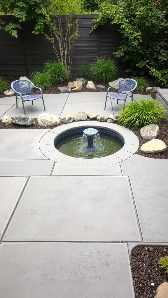19+ Stunning Concrete Patio Makeover Ideas You’ll Love 11 A concrete patio featuring a circular fountain surrounded by chairs and greenery.