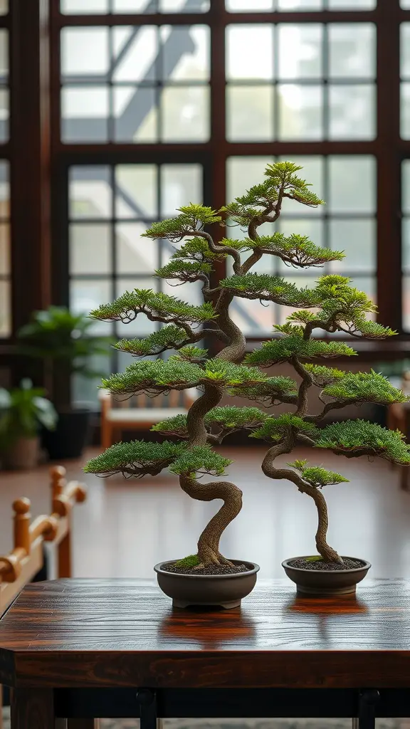 17 Creative Indoor Garden Ideas to Transform Your Space 12 Two indoor bonsai trees on a wooden table in a cozy indoor setting