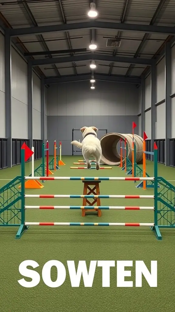 An indoor dog agility course featuring jumps and a tunnel with a dog navigating the obstacles.