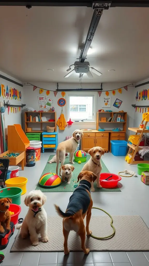 17+ Creative Dog Room Ideas for Your Garage 6 A colorful indoor dog play area in a garage with several dogs playing and various toys scattered around.