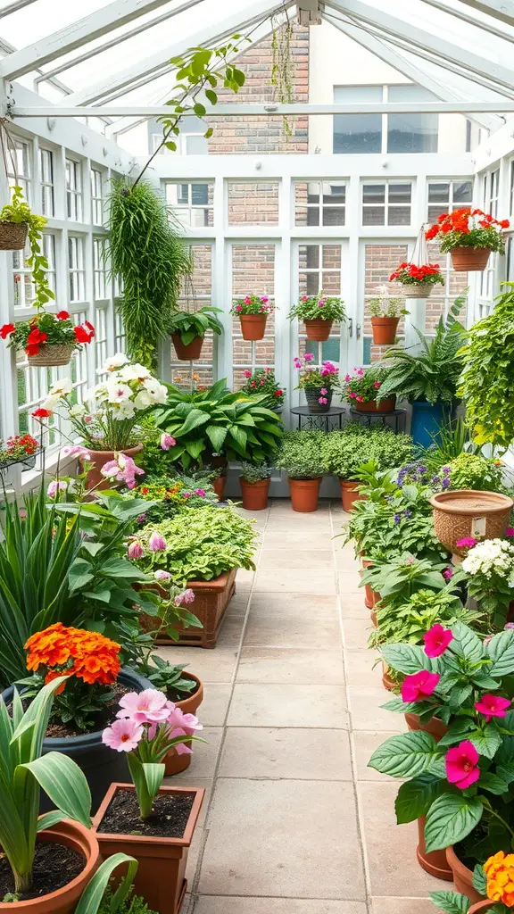 Indoor garden with various plants and flowers in an enclosed patio.