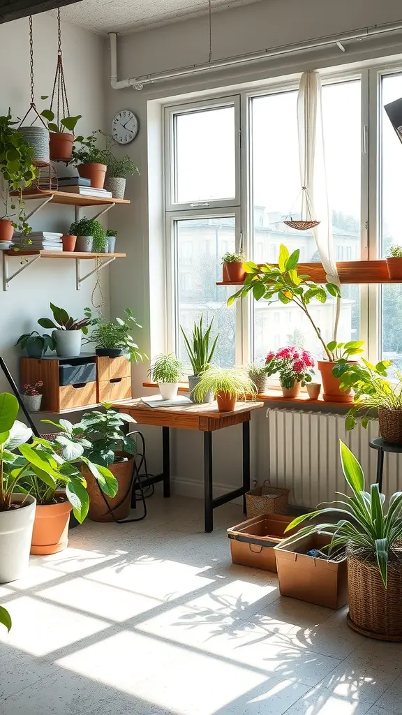 A bright indoor workspace filled with various plants, a wooden table, and shelves with pots, creating a cozy garden atmosphere.