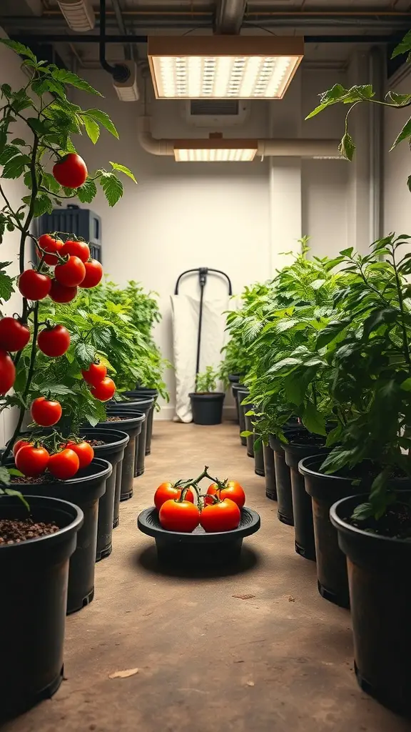 17 Creative Indoor Garden Ideas to Transform Your Space 9 Indoor vegetable garden with tomato plants and bright grow lights