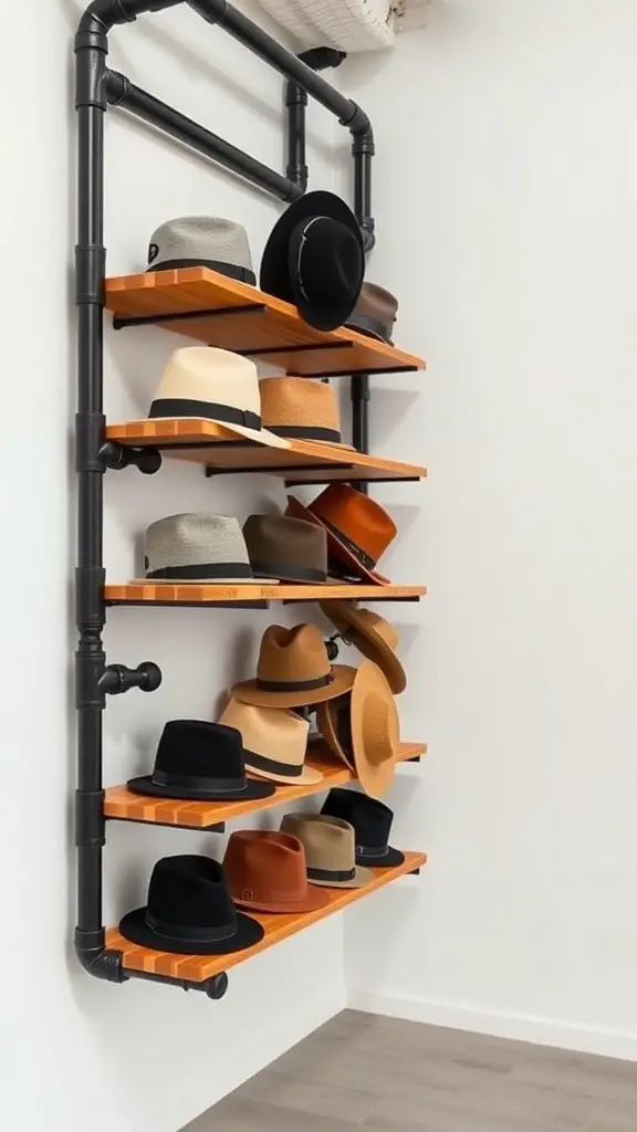 19 Creative Hat Rack Ideas for Your Home 9 Industrial pipe hat display with multiple shelves holding various hats.