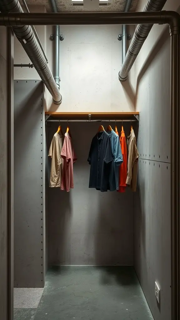 21 Creative Open Closet Ideas for Stylish Organization 6 An industrial style open closet featuring concrete walls, exposed pipes, and a wooden shelf with hanging clothes.