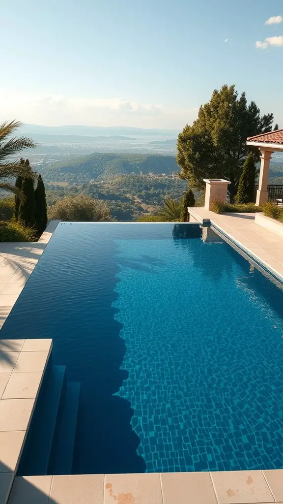 A stunning infinity pool overlooking rolling hills and a distant body of water.