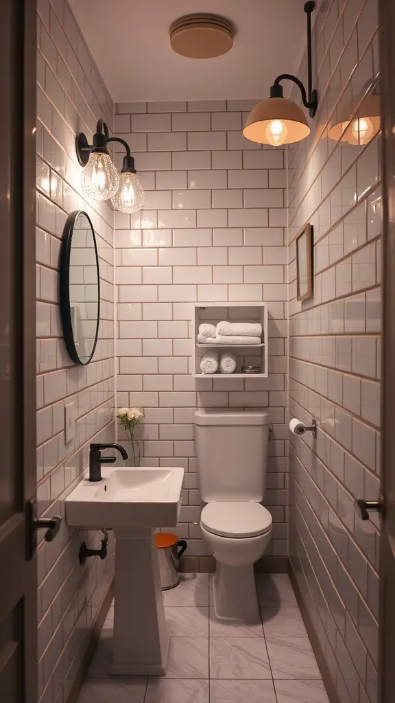 19 Stunning Small Full Bathroom Ideas for Maximum Style 14 A small full bathroom featuring stylish lighting solutions, including wall sconces and a ceiling fixture.