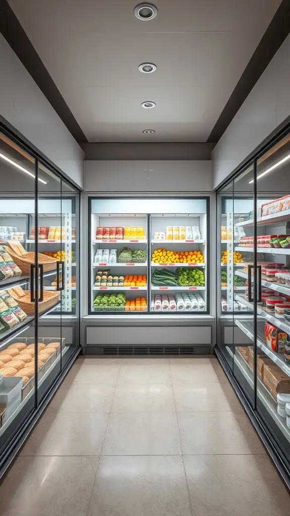 15+ Essential Food Storage Room Ideas for Your Home 5 A modern refrigerated storage room filled with fresh produce and packaged goods.