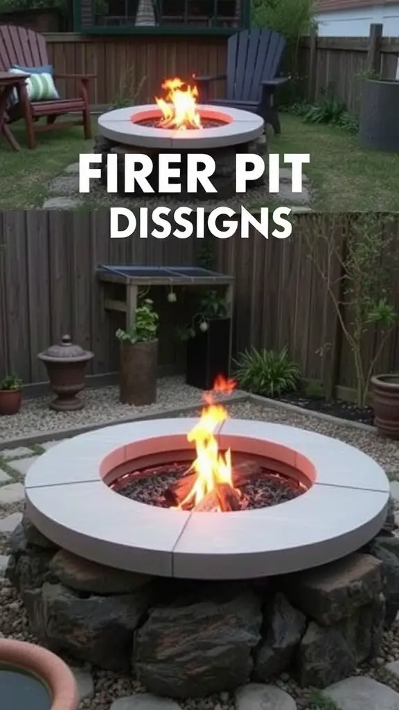 A modern sunken fire pit design with a circular shape, surrounded by stones and seating.