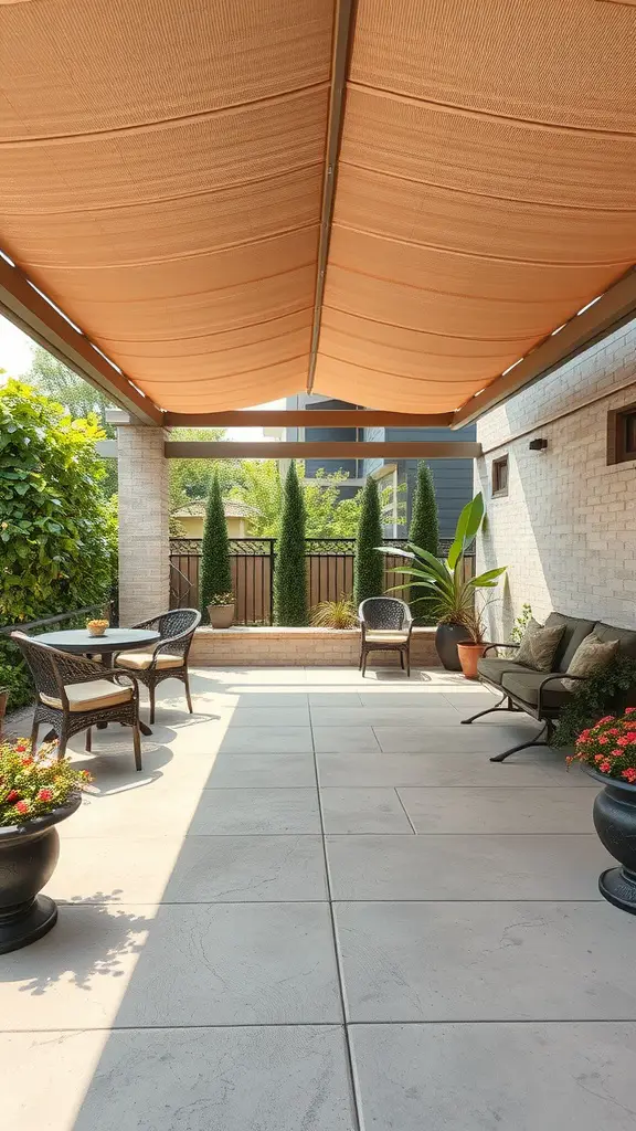 19+ Stunning Concrete Patio Makeover Ideas You’ll Love 15 A patio with a tan canopy, comfortable seating, and potted plants, creating a cozy outdoor space.