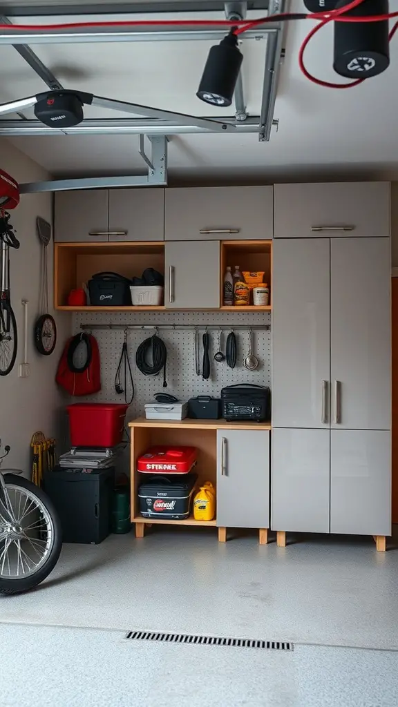 A modern garage with sliding cabinets for storage, showcasing a clean and organized space.