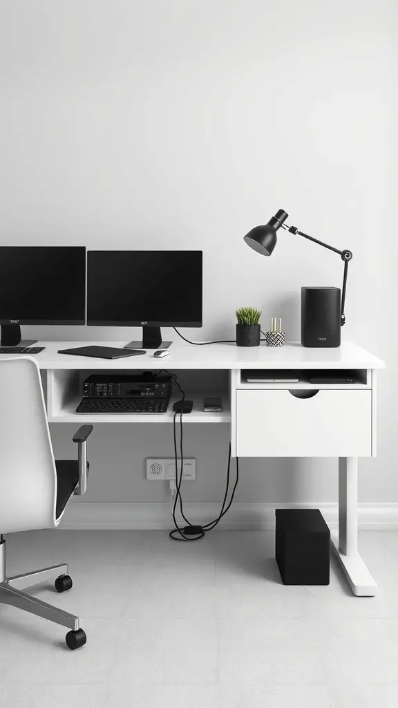 15 Creative Office Storage Ideas to Maximize Space 16 A modern office desk setup with two monitors, a keyboard, a lamp, and a plant, showcasing integrated technology storage solutions.