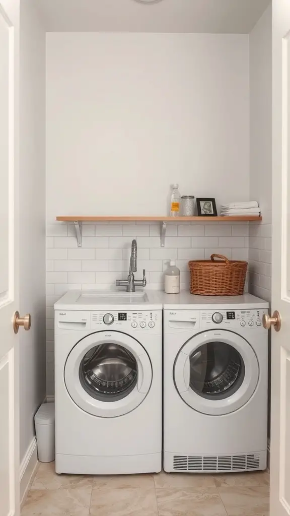 19 Clever Small Laundry Room Ideas to Maximize Space 2 A modern laundry room featuring a utility sink between two washing machines, with a wooden shelf above.