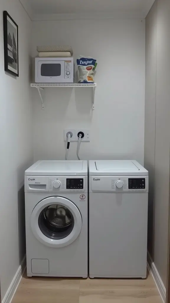 23 Creative Narrow Laundry Room Ideas You’ll Love 7 A compact laundry room featuring a washer and dryer side by side, with a shelf above holding a microwave and laundry supplies.