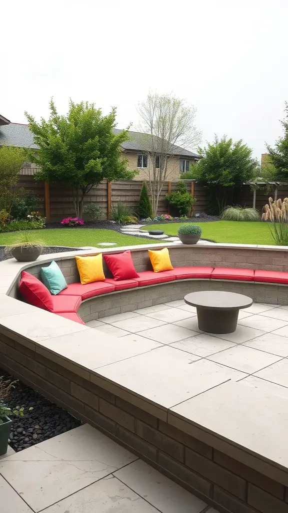 19+ Stunning Concrete Patio Makeover Ideas You’ll Love 5 A modern concrete patio featuring built-in curved seating with colorful cushions and a small table.