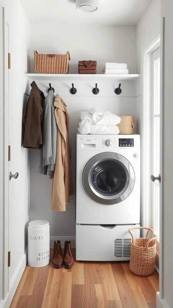A compact laundry area integrated into an entryway, featuring a front-loading washer, a shelf with folded towels, hooks for coats, and warm wooden flooring.