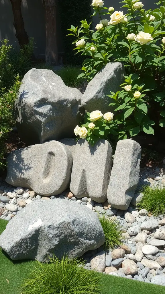 19 Creative Shadow Garden Ideas to Transform Your Outdoor Space 13 Natural stone elements forming the word 'ONI' surrounded by white roses and greenery.