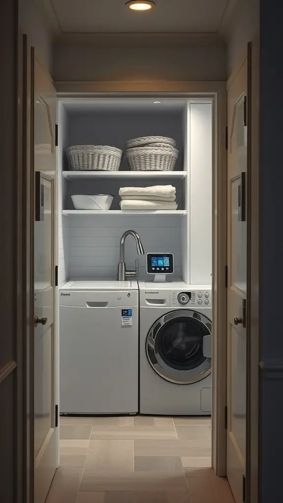 15+ Clever Hallway Laundry Closet Ideas for Small Spaces 15 A modern hallway laundry closet featuring a washer, dryer, and smart technology display.