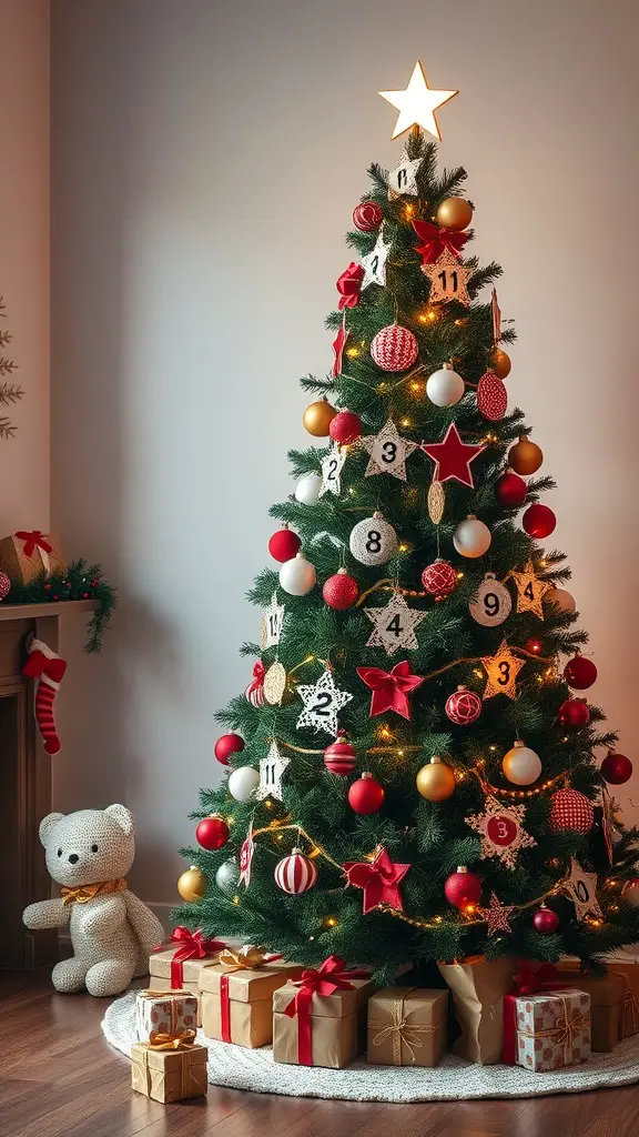 19 Unique Christmas Tree Ideas to Brighten Your Holidays 15 A decorated Christmas tree with numbered ornaments and gifts underneath.
