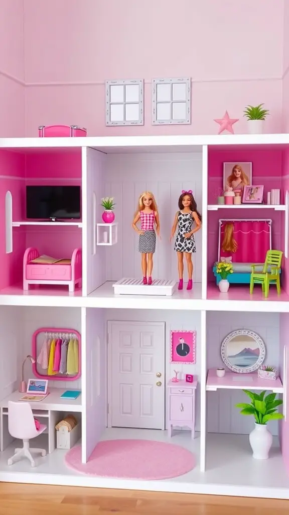 17 Creative Storage Ideas for Your Barbie Collection 16 A colorful interactive Barbie dollhouse with various rooms and furniture, showcasing storage solutions for Barbie accessories.
