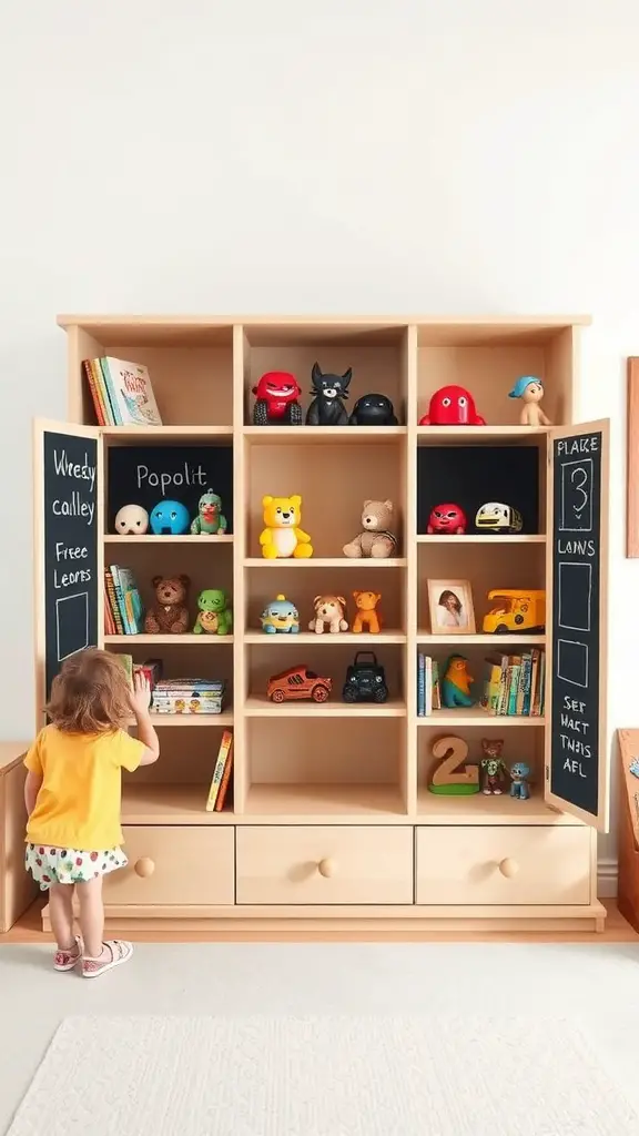 A child interacting with a colorful bookcase filled with toys and books, featuring chalkboard panels.