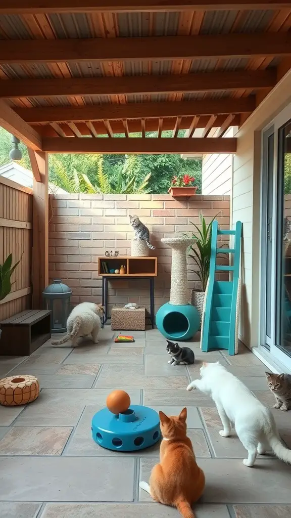 21 Creative Cat Friendly Patio Ideas for the Purrfect Outdoor Space 8 A patio designed for cats featuring toys, climbing structures, and multiple cats exploring.
