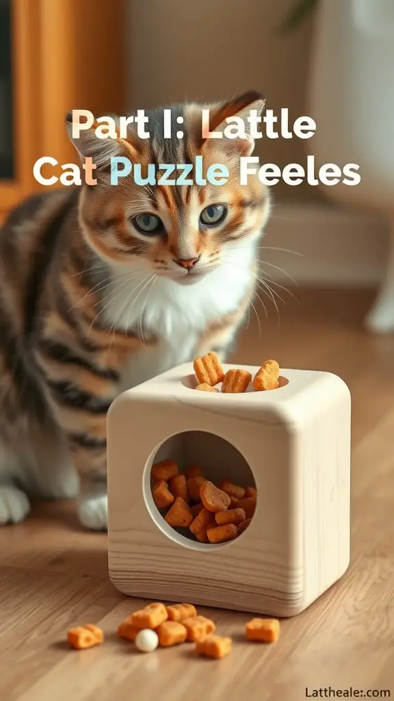 17+ Purr-fect DIY Projects for Cat Lovers 13 A cat looking at a wooden puzzle feeder filled with treats.