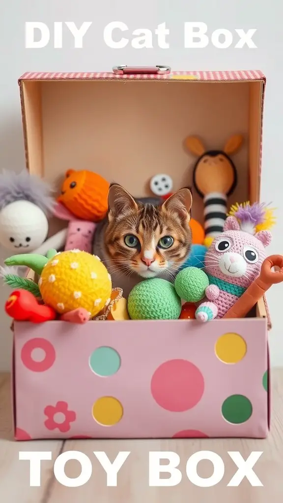 17+ Purr-fect DIY Projects for Cat Lovers 2 A cat sitting in a colorful DIY toy box filled with various toys.