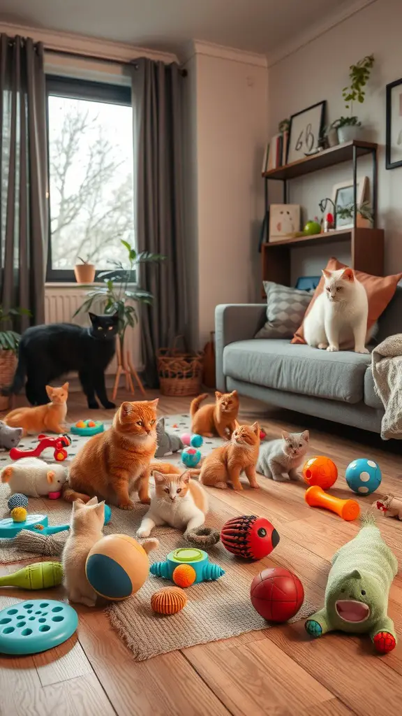 17 Purrfect Cat Apartment Ideas for Happy Felines 9 A cozy living room filled with various interactive cat toys and multiple cats playing.