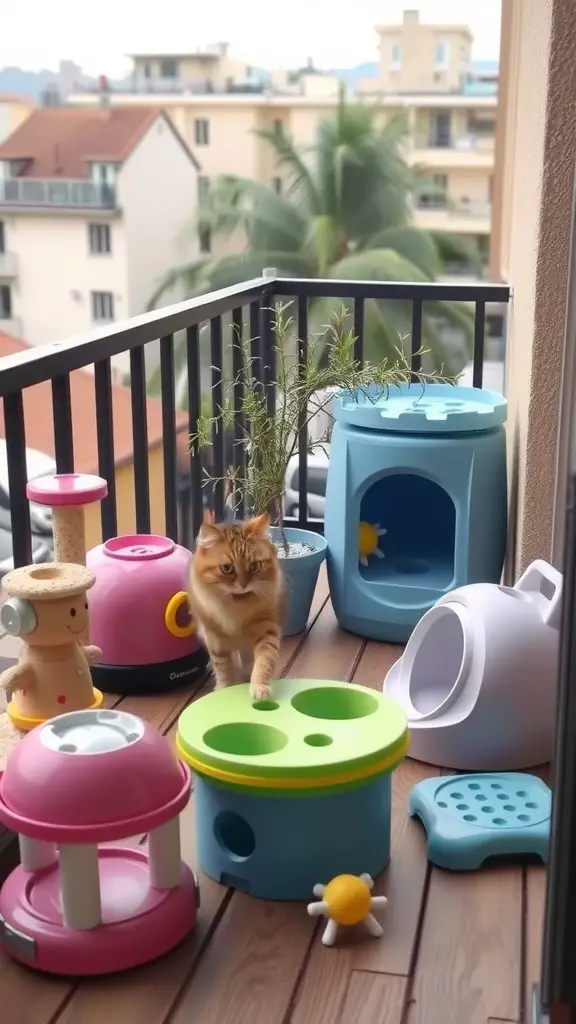 21 Creative Cat Balcony Ideas for a Purr-fect Outdoor Retreat 5 A balcony with various colorful interactive cat toys and a cat exploring the area.
