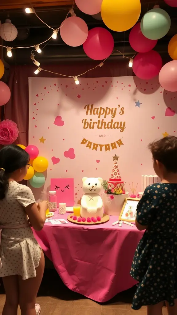 27+ Creative Birthday Decoration Ideas for an Unforgettable Celebration 17 A colorful birthday decoration setup with balloons, a teddy bear cake, and children engaging in activities.