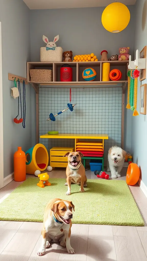 19+ Unique Dog Corner Ideas to Elevate Your Pet's Space 10 A colorful interactive dog play zone with toys and happy dogs.