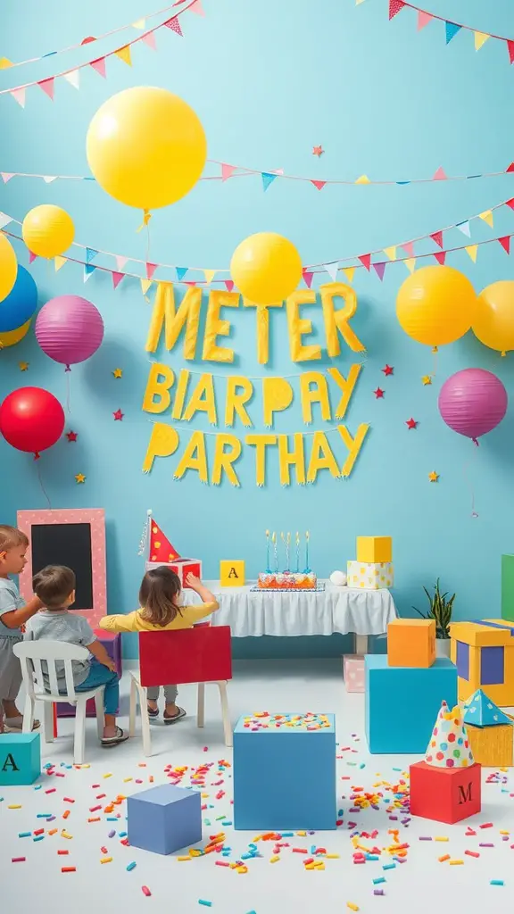 27+ Creative Birthday Decoration Ideas for an Unforgettable Celebration 15 A colorful birthday decoration setup with balloons, playful decor, and children celebrating.