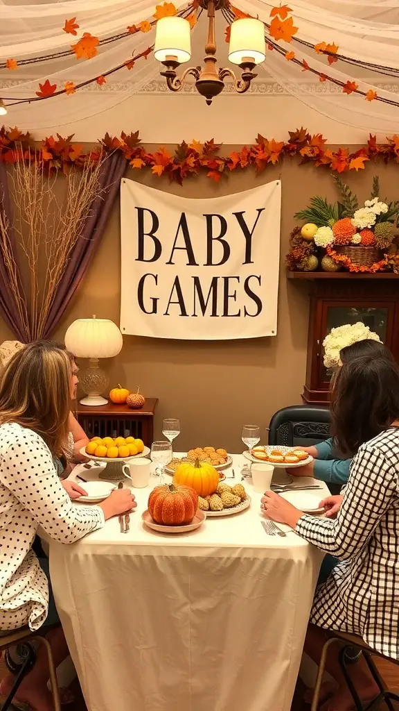 17 Creative Baby Shower Ideas for a September Celebration 6 A cozy baby shower setup with friends playing games around a table decorated with autumn leaves and pumpkins.