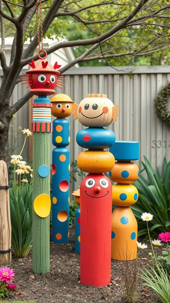 19 Stunning Garden Totems to Elevate Your Outdoor Space 17 Colorful garden totems with playful designs, including smiling faces and fish shapes, set in a garden.