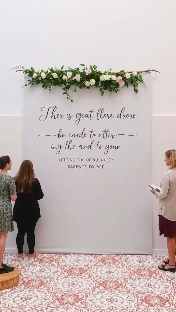 23 Creative Baby Shower Ideas for October Celebrations 11 A decorated wall with a floral arrangement and a message for guests to write their wishes at a baby shower.