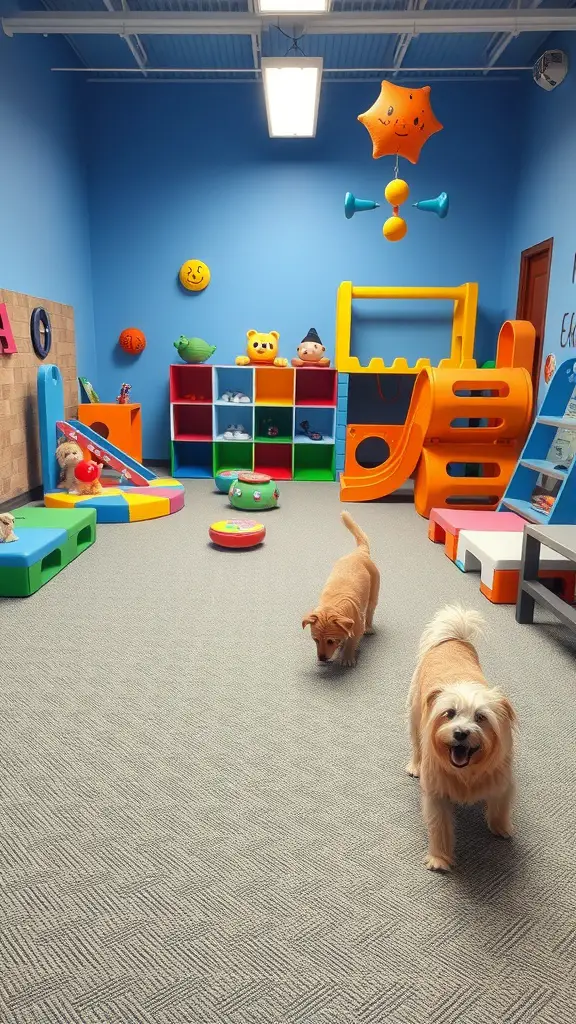 A colorful interactive play area for dogs with toys and play structures.