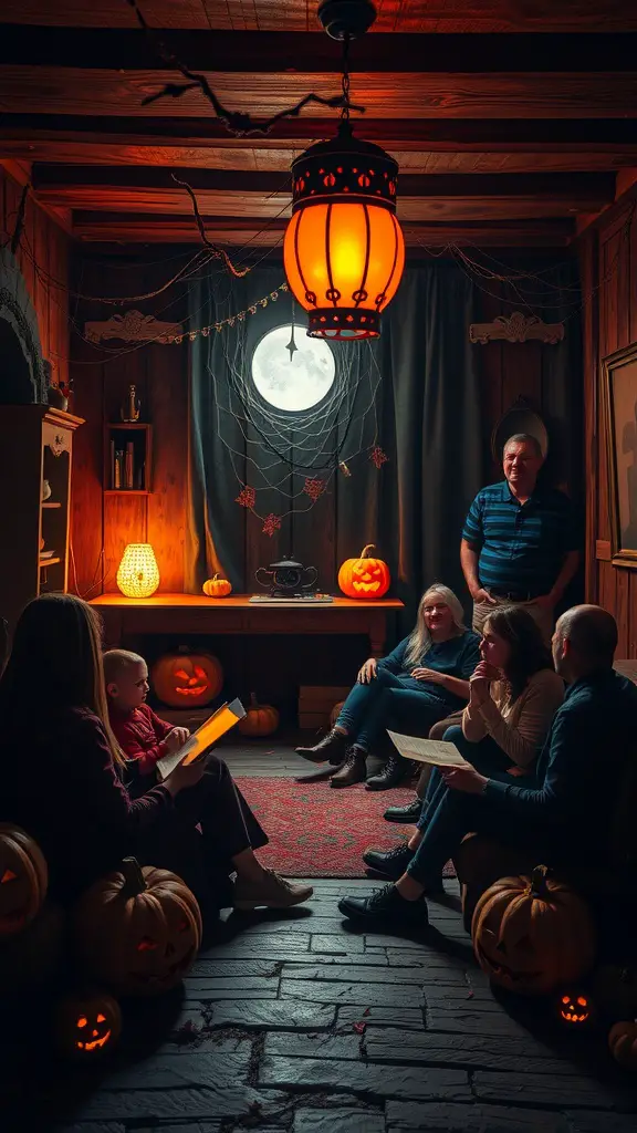 21 Spooktacular Halloween Party Ideas for a Frightfully Fun Celebration 15 A cozy storytelling corner decorated for Halloween with pumpkins and warm lighting.