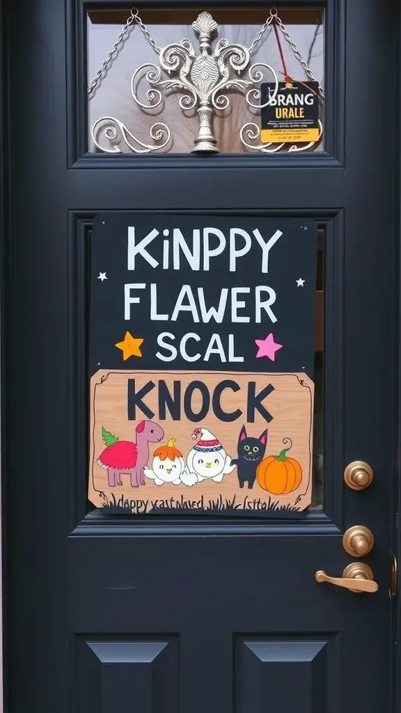 A colorful Halloween sign with playful characters inviting trick-or-treaters to knock.