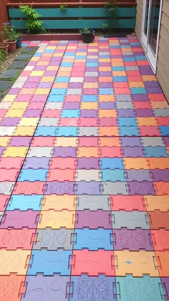 27 Affordable Patio Floor Ideas That Transform Your Outdoor Space 6 Colorful interlocking deck tiles arranged on a patio floor