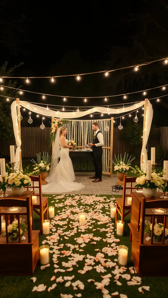 21 Creative Ideas for a Stunning Backyard Micro Wedding 8 A couple exchanging vows under twinkling lights in a backyard wedding setting.