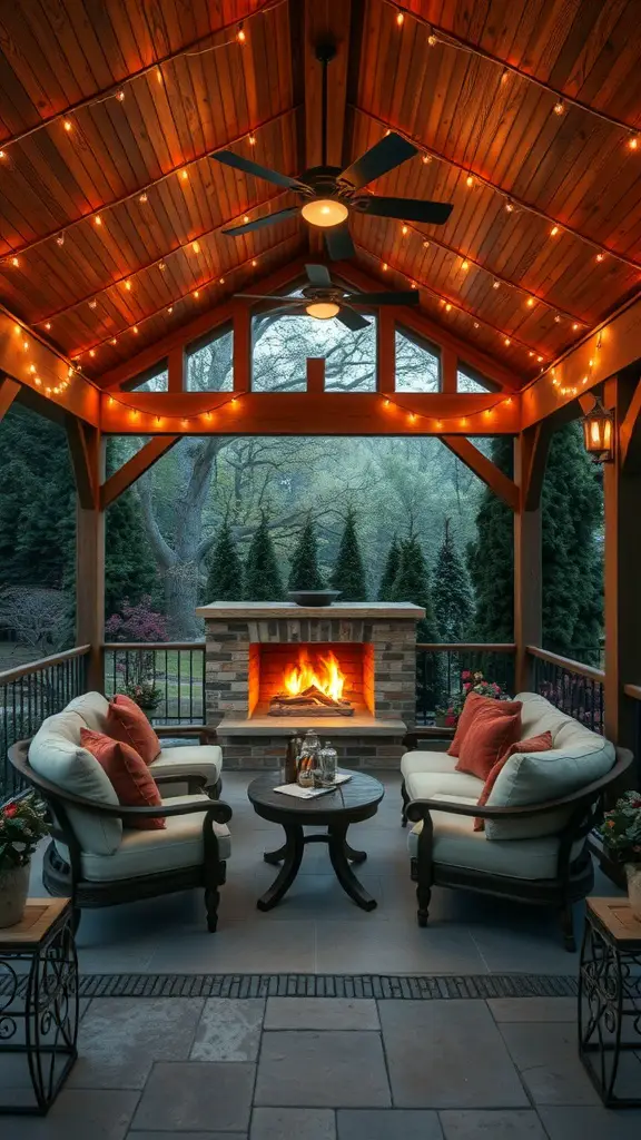27 Cozy Outdoor Covered Patios with Fireplaces for Ultimate Comfort 7 Cozy outdoor patio with fireplace, string lights, and comfortable seating.