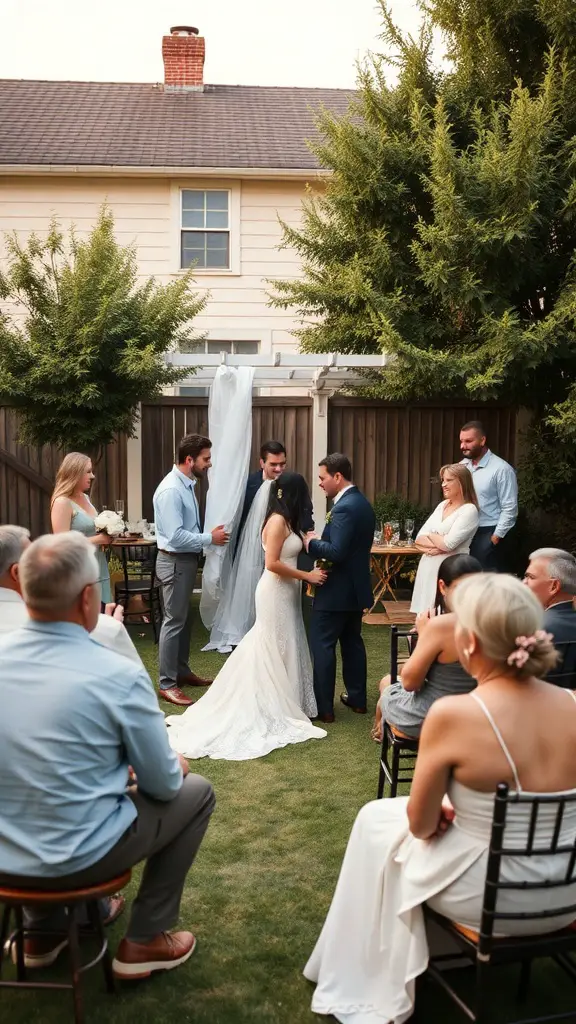 21 Creative Ideas for a Stunning Backyard Micro Wedding 15 A couple exchanging vows in a backyard wedding ceremony surrounded by a small group of guests.