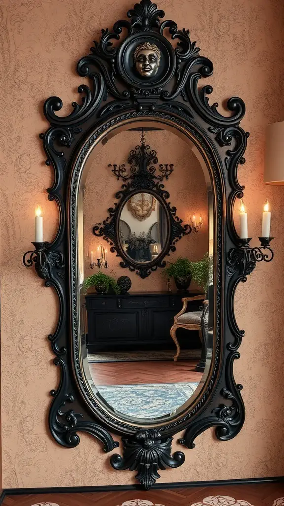 An ornate black antique mirror with a face at the top, reflecting a cozy room with candlelight and rich textures.