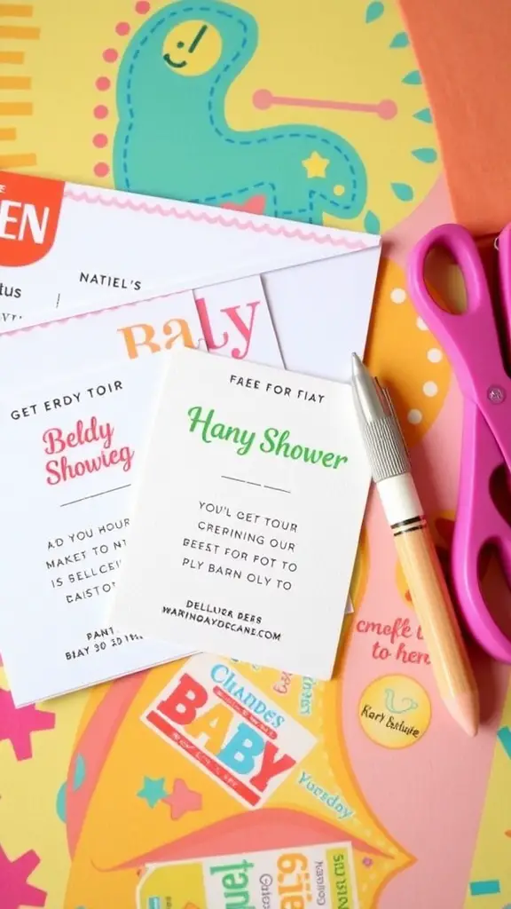17 Creative Dollar Tree Baby Shower Ideas on a Budget 2 Colorful baby shower invitations and crafting materials on a table