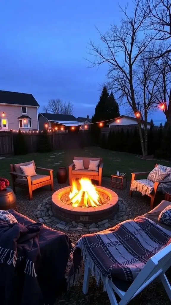 15 Must-Have Essentials for the Perfect Backyard Garden Party 10 A cozy fire pit area with seating and string lights in a backyard.